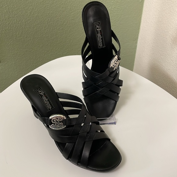 Brighton Shoes - Brighton Black Leather Vista Strappy Heeled Sandal Sz 8.5 w Silver Scroll Design